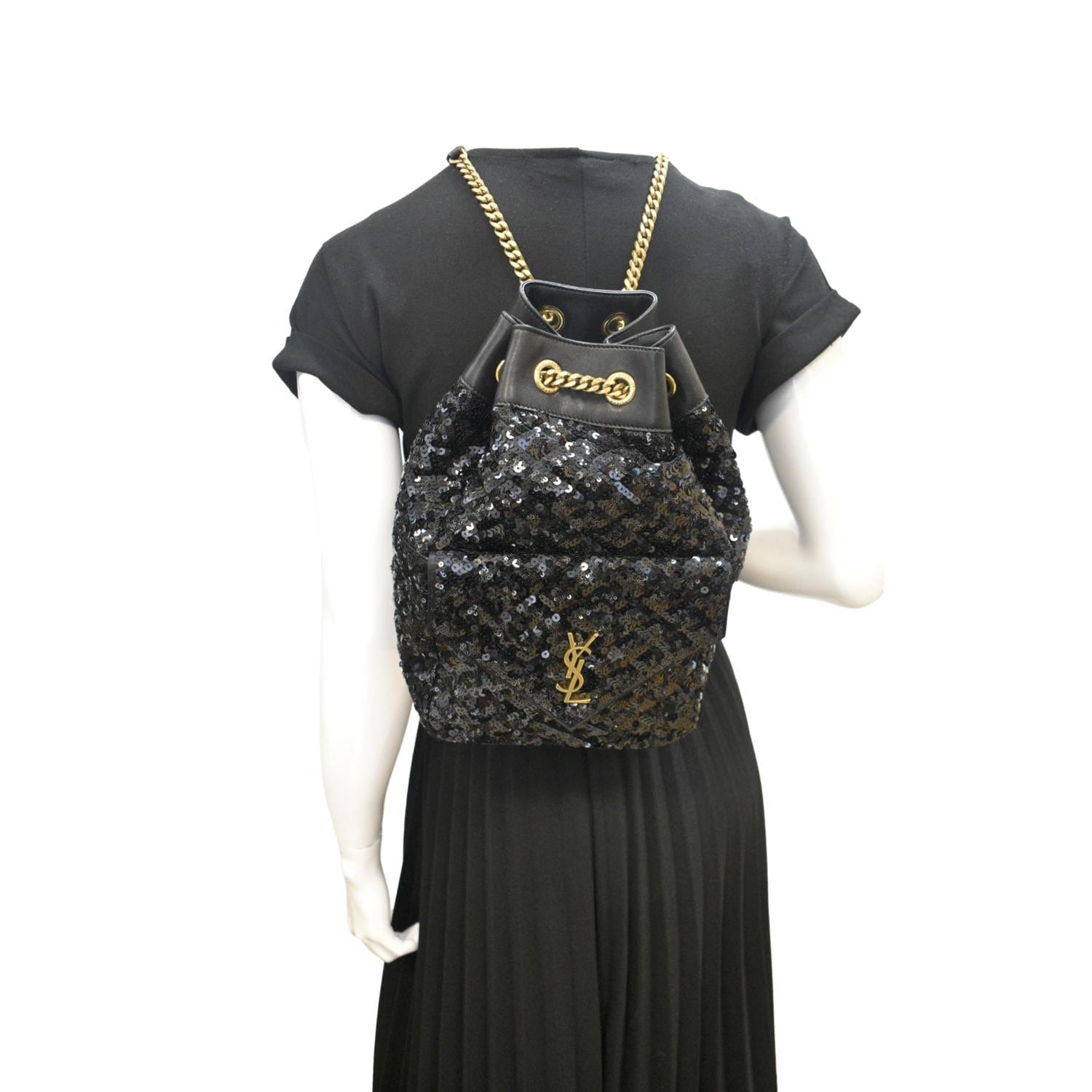 YSL Saint Laurent Yves Sequin Backpack Bag Leather Black