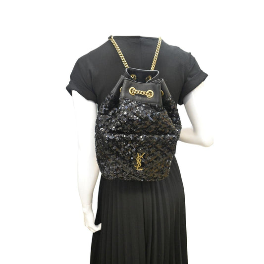 YSL Saint Laurent Yves Sequin Backpack Bag Leather Black