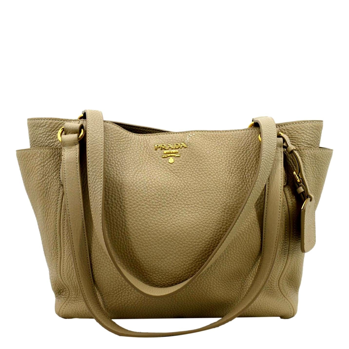 Prada Daino Side Pocket Tote Shoulder Bag Leather Vitello Beige