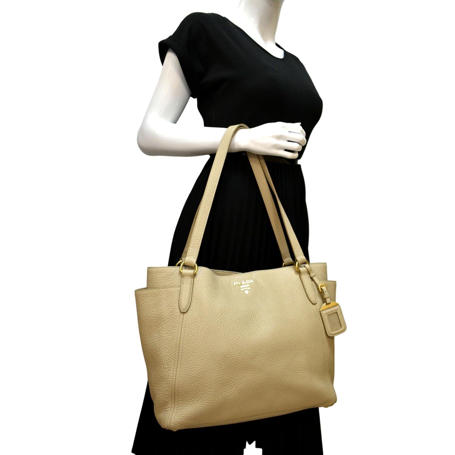 Vitello Daino Side Pocket Tote Shoulder Bag Leather Beige