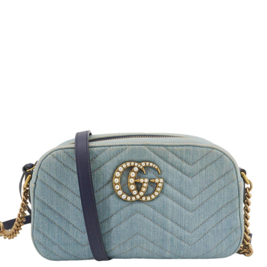 Gucci Pearl Marmont Crossbody Bag Denim Blue