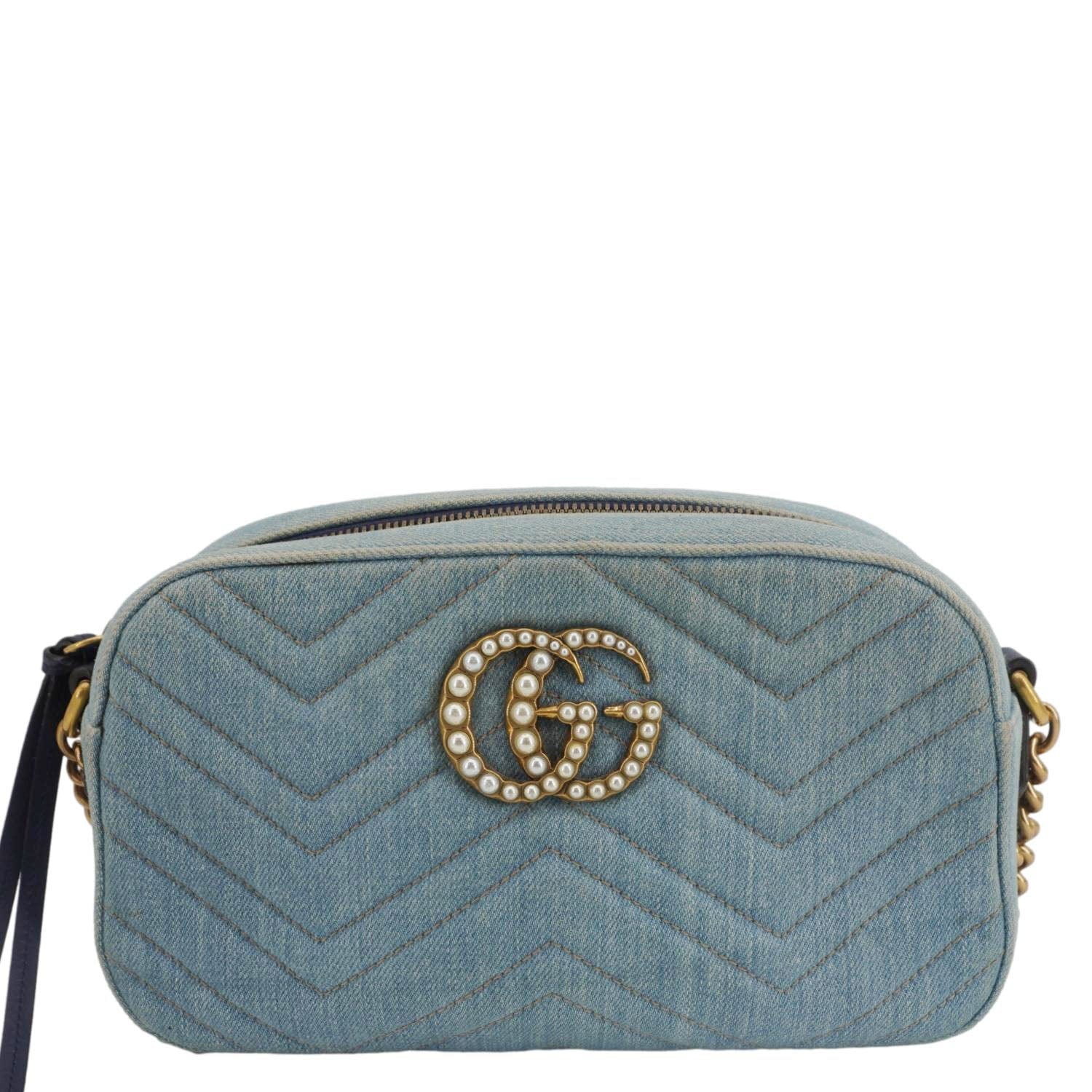 Gucci Pearl Marmont Crossbody Bag Denim Blue