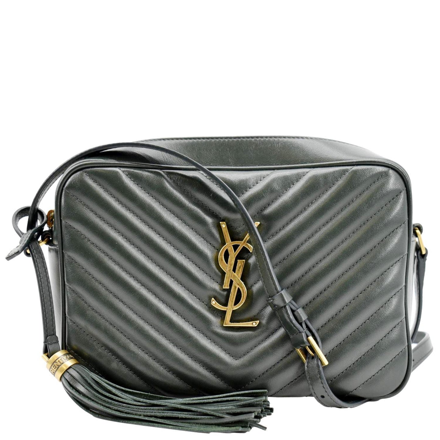 YSL Saint Laurent Yves Lou Chevron Camera Crossbody Bag Leather Green