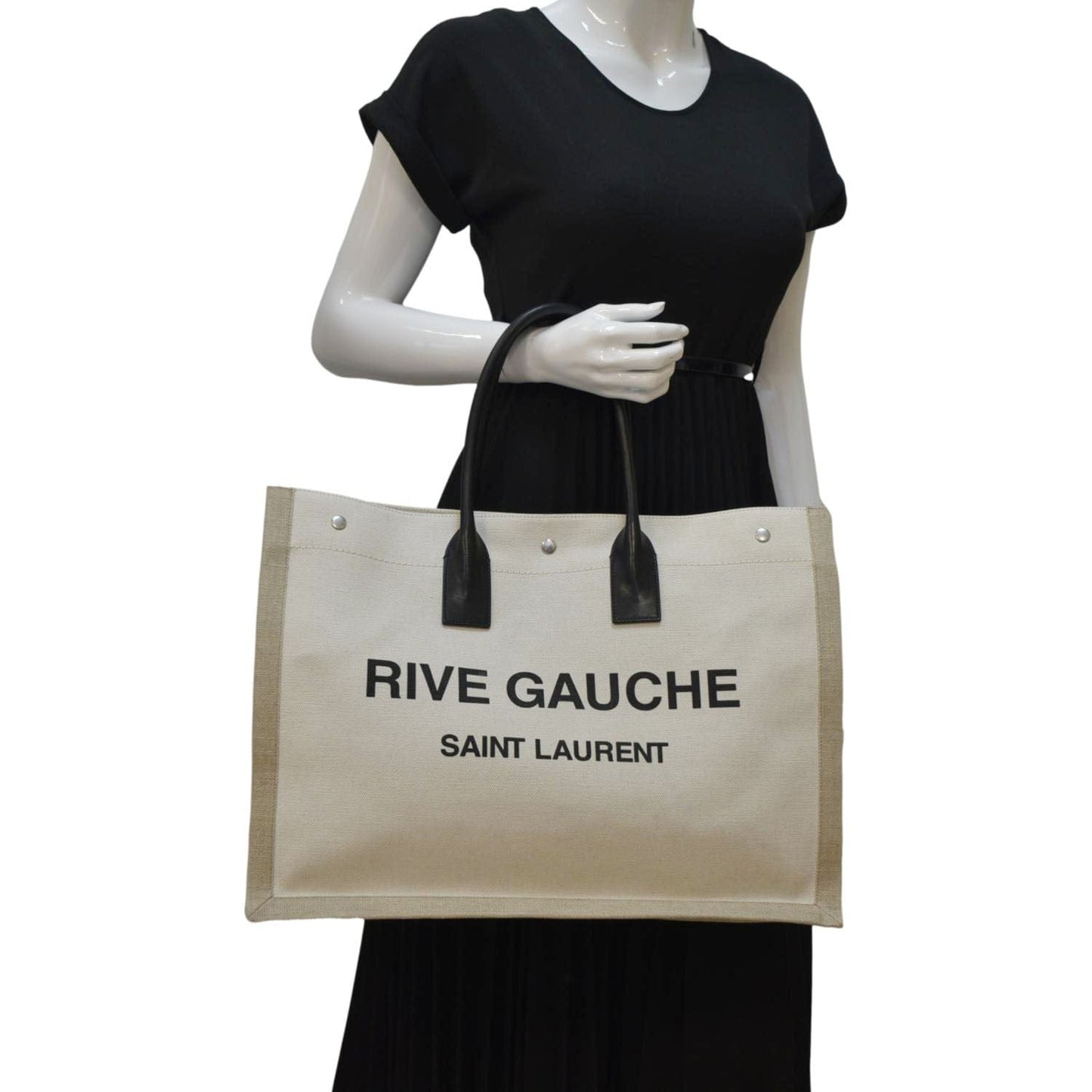 YSL Saint Laurent Yves Rive Gauche Linen Tote Griege Leather Small Tote Bag Gauche Small Tote