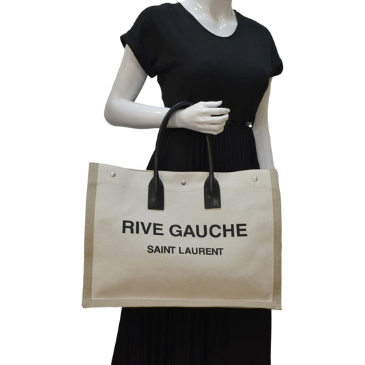 YSL Saint Laurent Yves Rive Gauche Linen Tote Griege Leather Small Tote Bag Gauche Small Tote