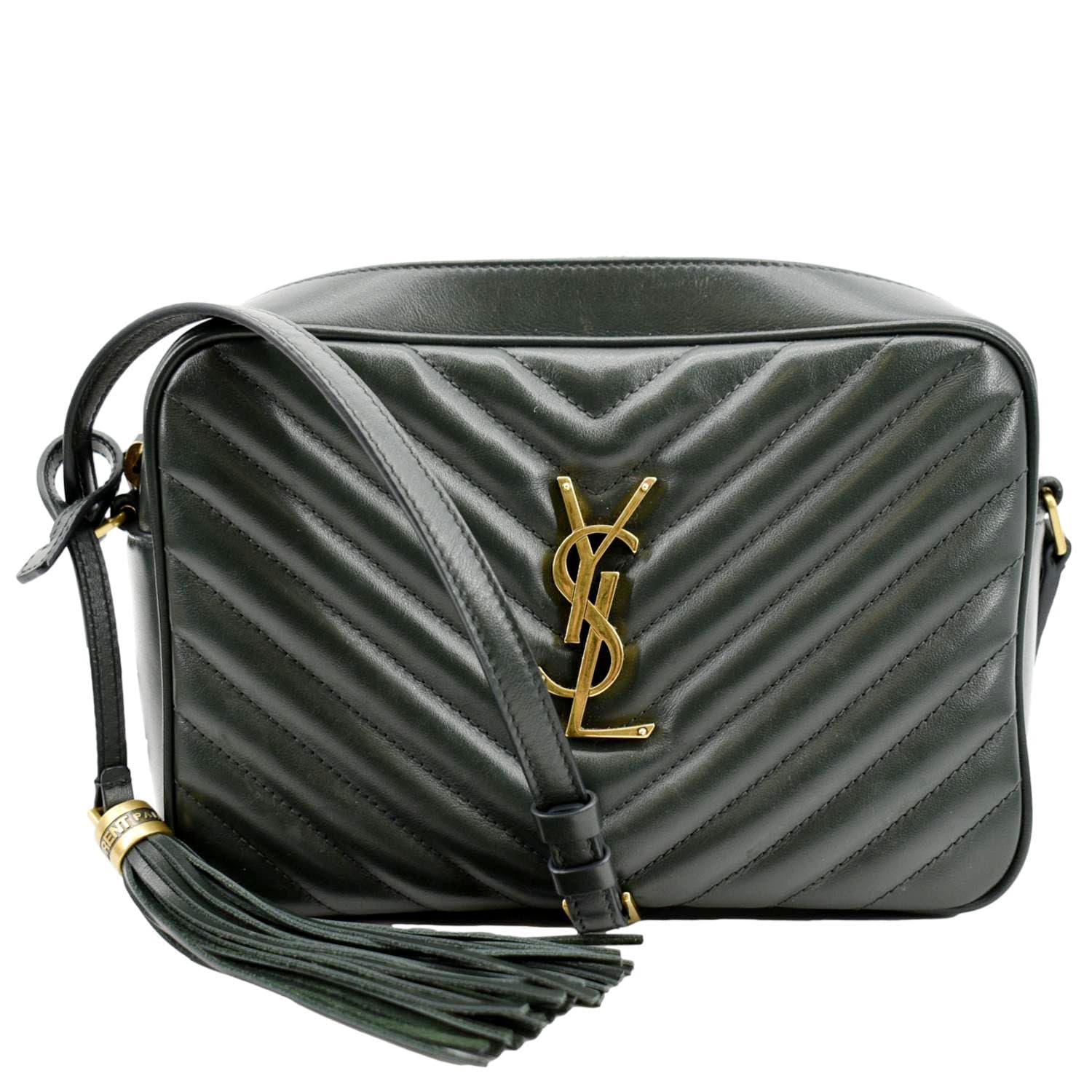 YSL Saint Laurent Yves Lou Chevron Camera Crossbody Bag Leather Green