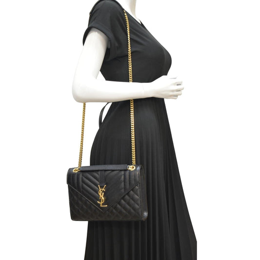 YSL Saint Laurent Yves Envelope Crossbody Bag Leather Matelasse Black