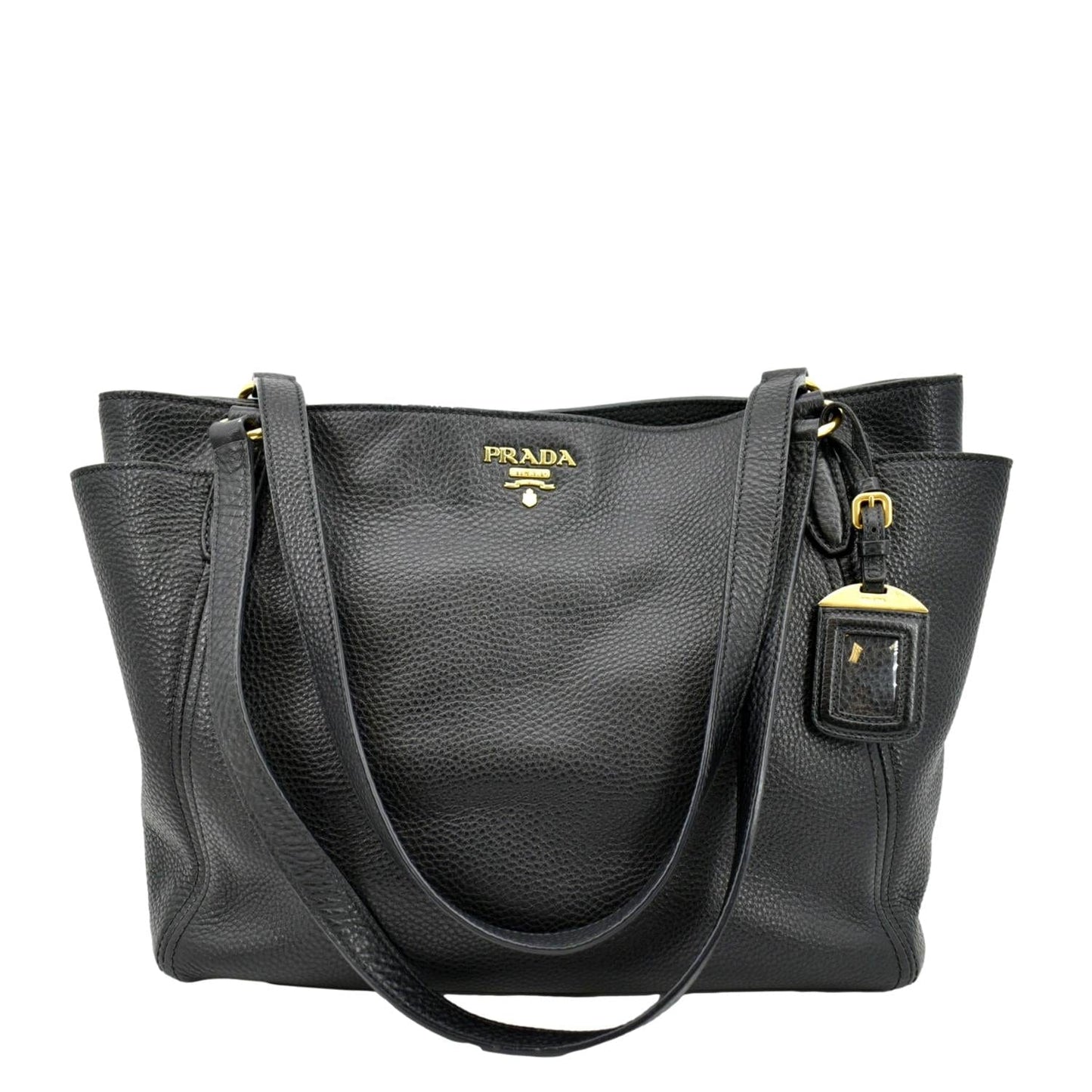 Vitello Daino Side Pocket Tote Shoulder Bag Leather Black