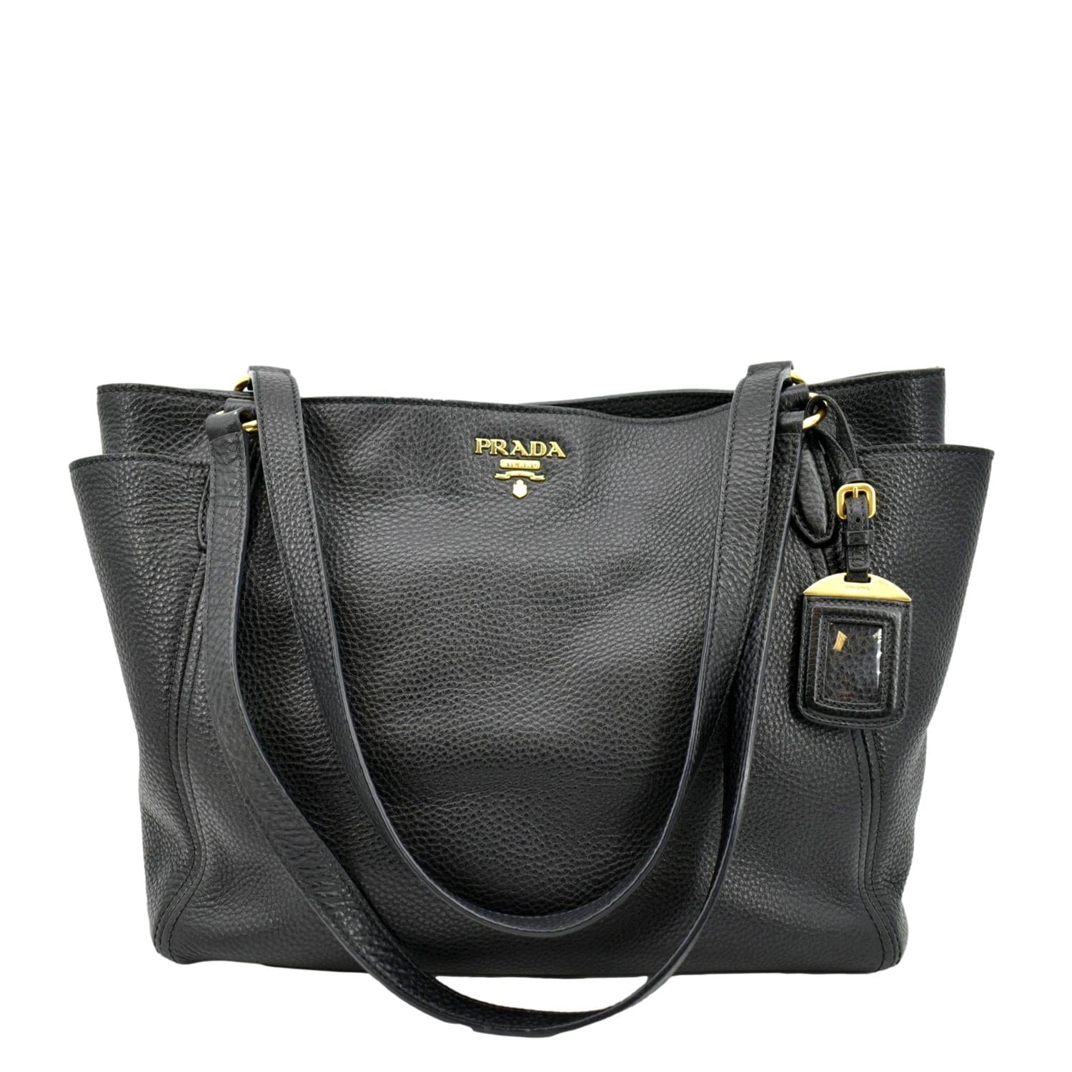 Prada Daino Side Pocket Tote Shoulder Bag Leather Vitello Black
