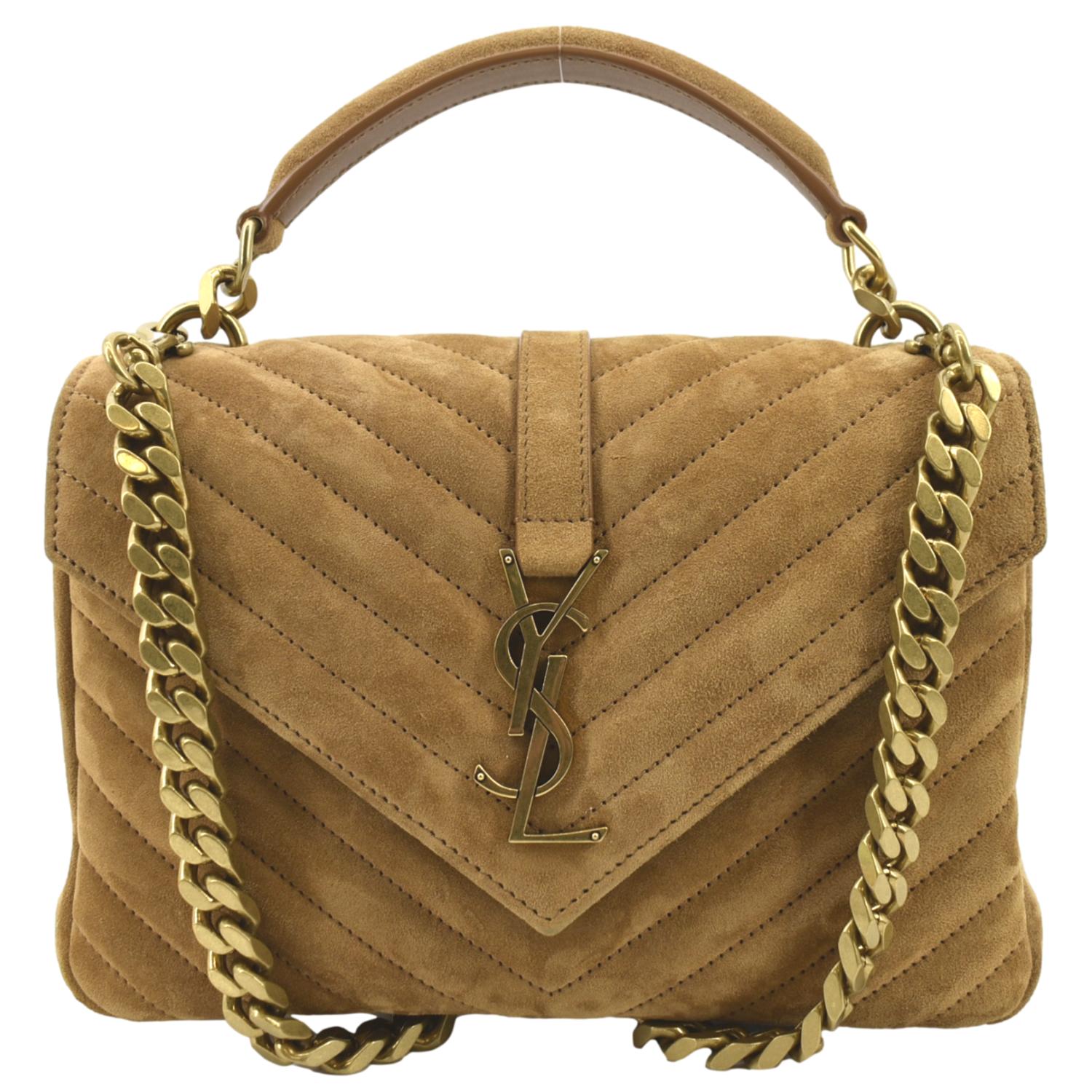 YSL Saint Laurent Saint College Chevron Shoulder Bag Camel Suede Chain