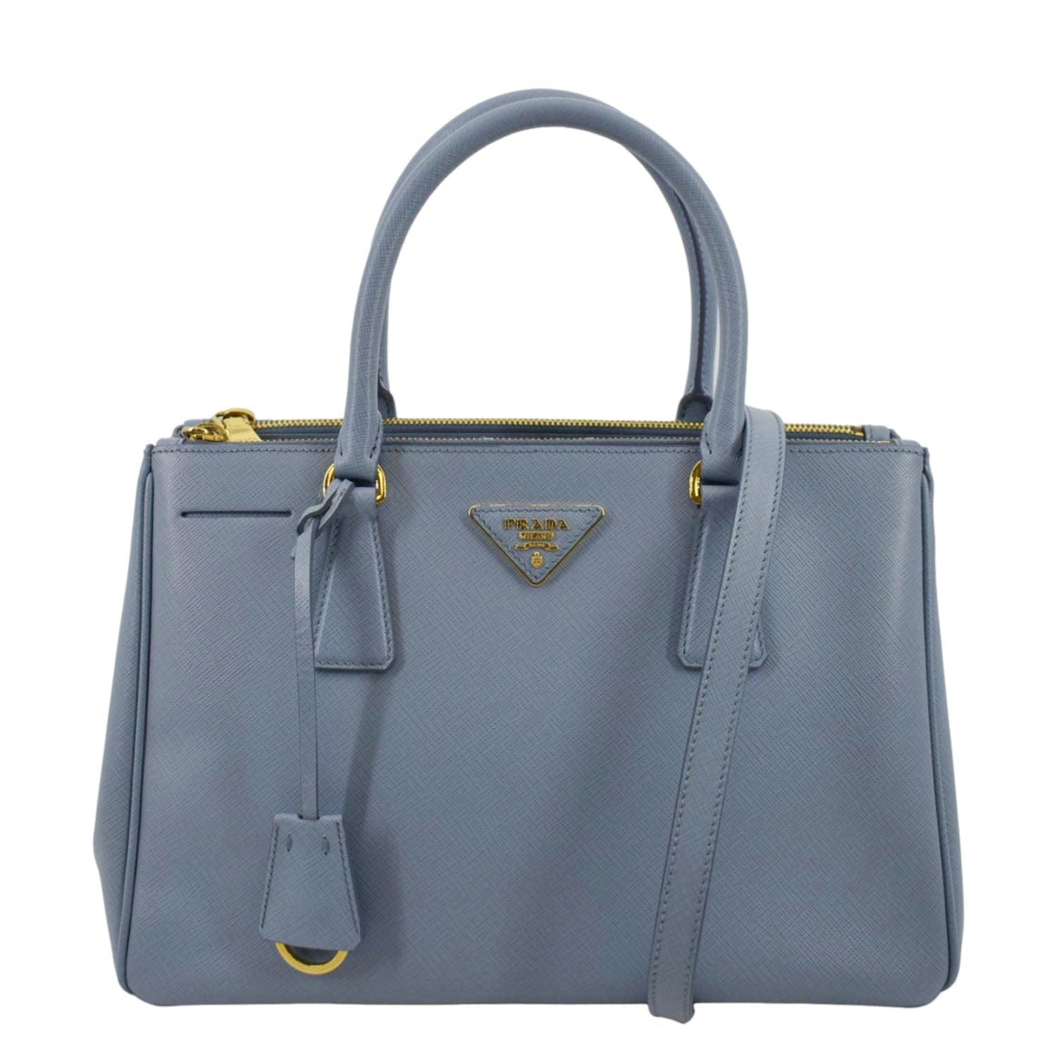 Prada Galleria Double Tote Bag Light Leather Saffiano Blue Shoulder Bag