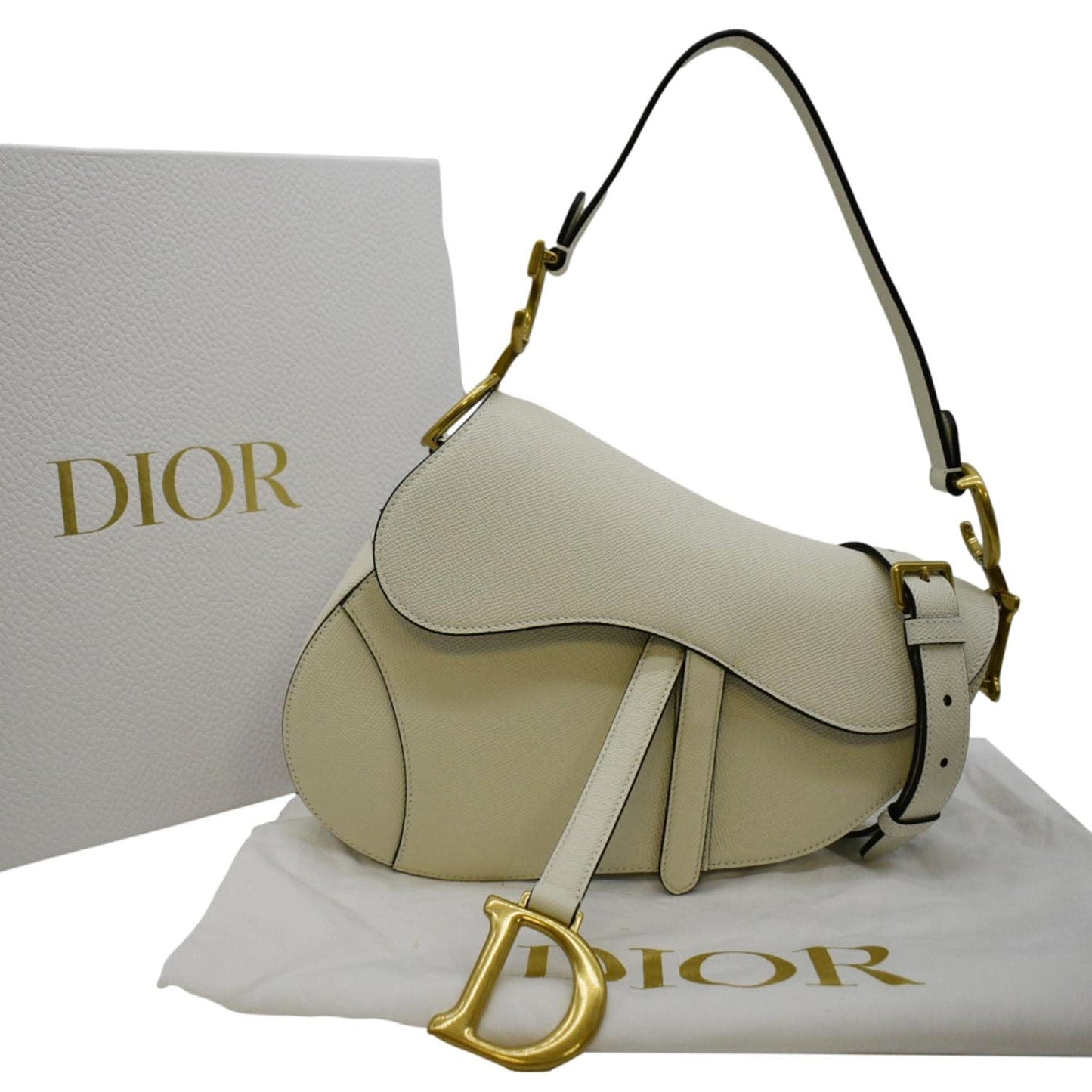 Dior Saddle Grained Calfskin Satchel Shoulder Bag Ivory Leather