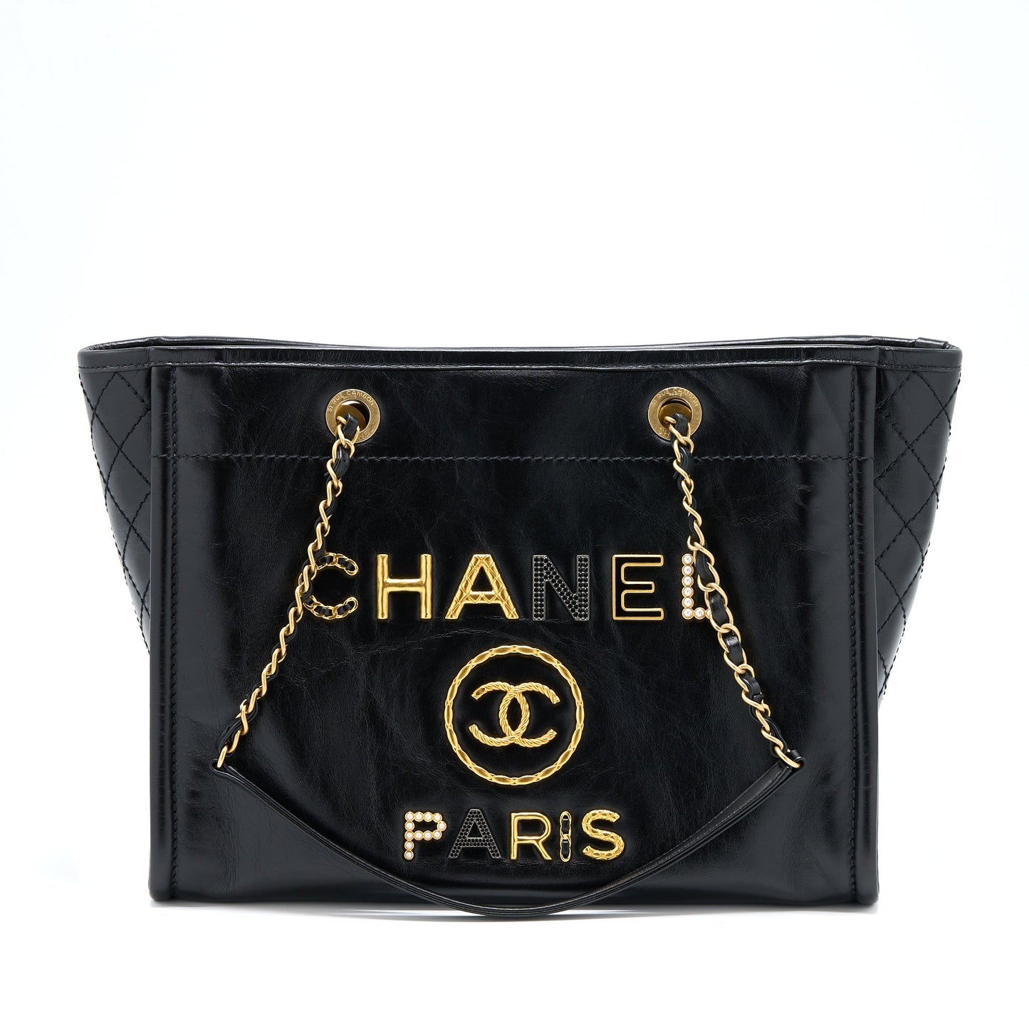 Chanel Deauville Calfskin Detail Logo GHW Black Tote Bag