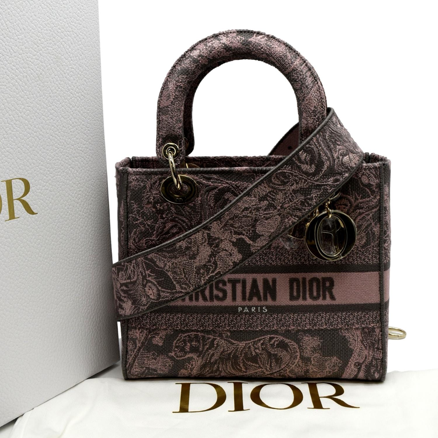 Dior Lady Lite Shoulder Bag Rose Des Canvas Medium Embroidered