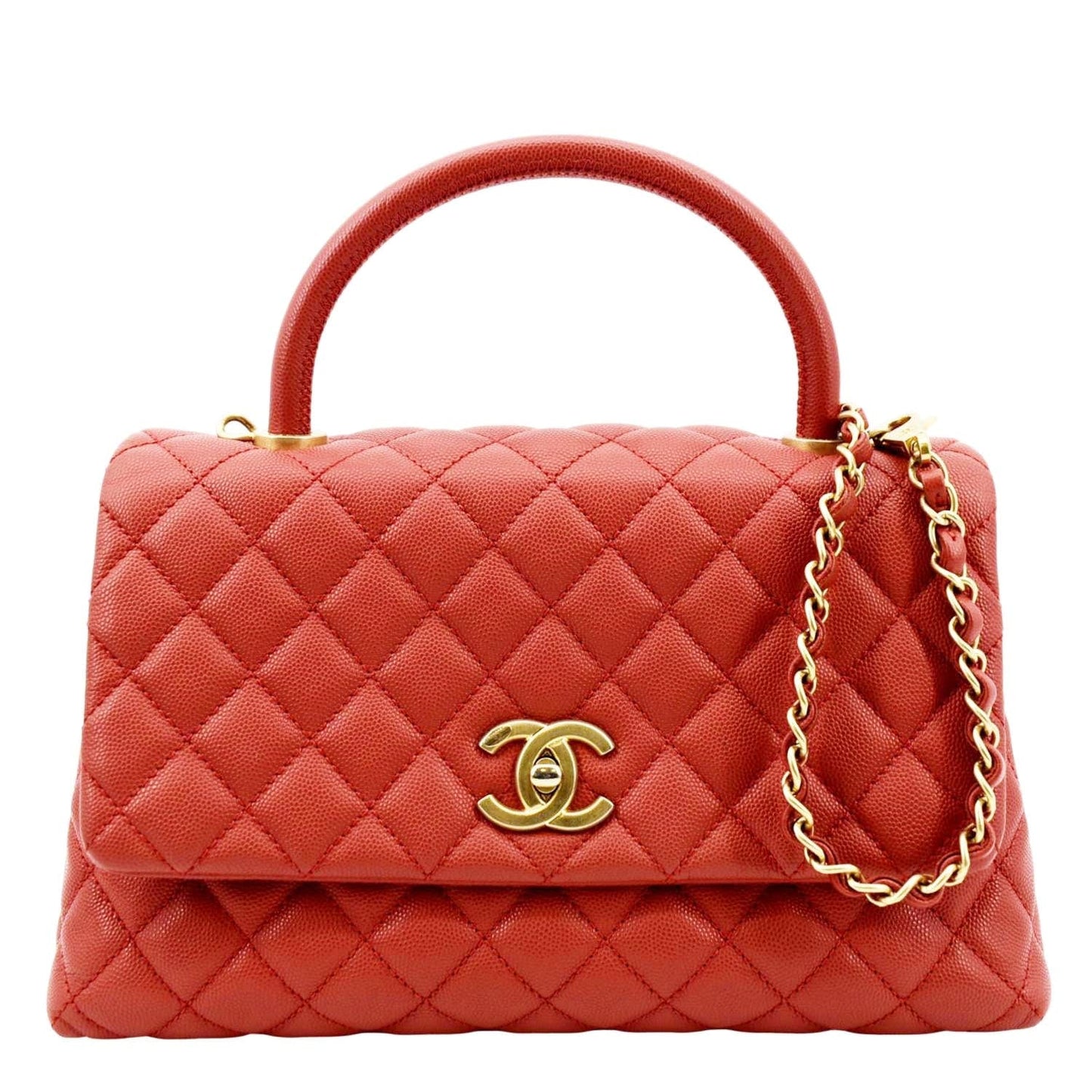 Chanel Coco Quilted Caviar Top Handle Leather Red Travel Bag Medium 1