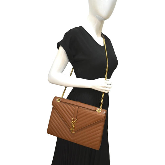 YSL Saint Laurent Yves Envelope Mix Shoulder Bag Dark Natural Leather Matelasse Large