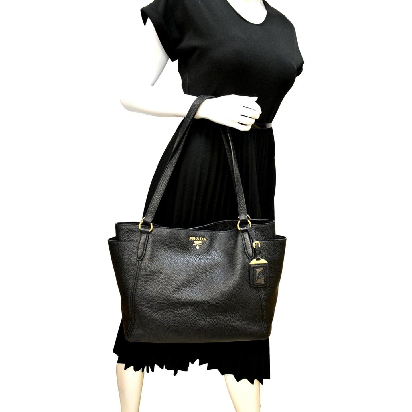 Vitello Daino Side Pocket Tote Shoulder Bag Leather Black