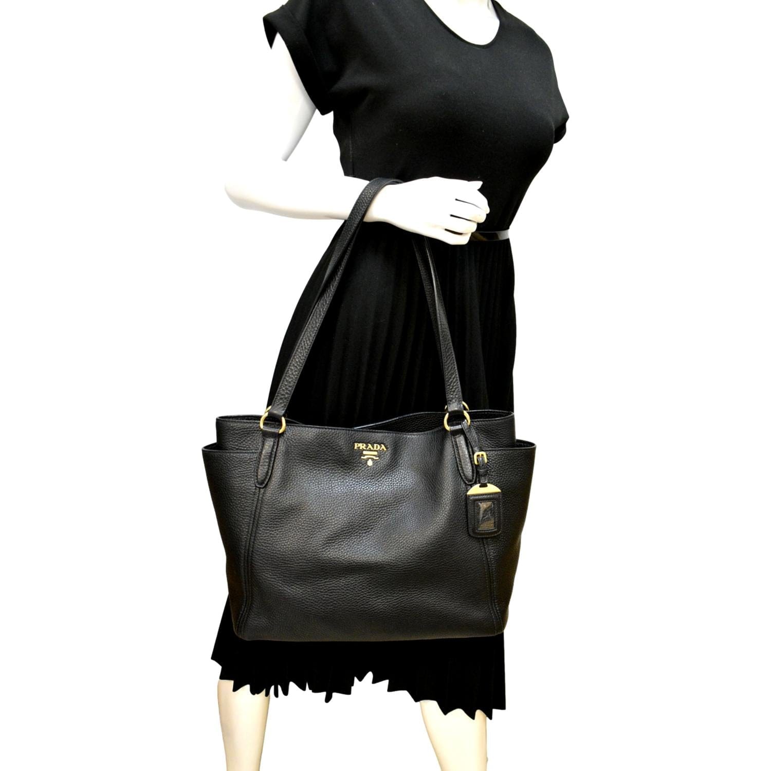 Prada Daino Side Pocket Tote Shoulder Bag Leather Vitello Black
