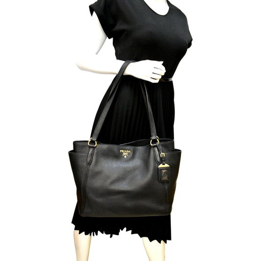 Prada Daino Side Pocket Tote Shoulder Bag Leather Vitello Black
