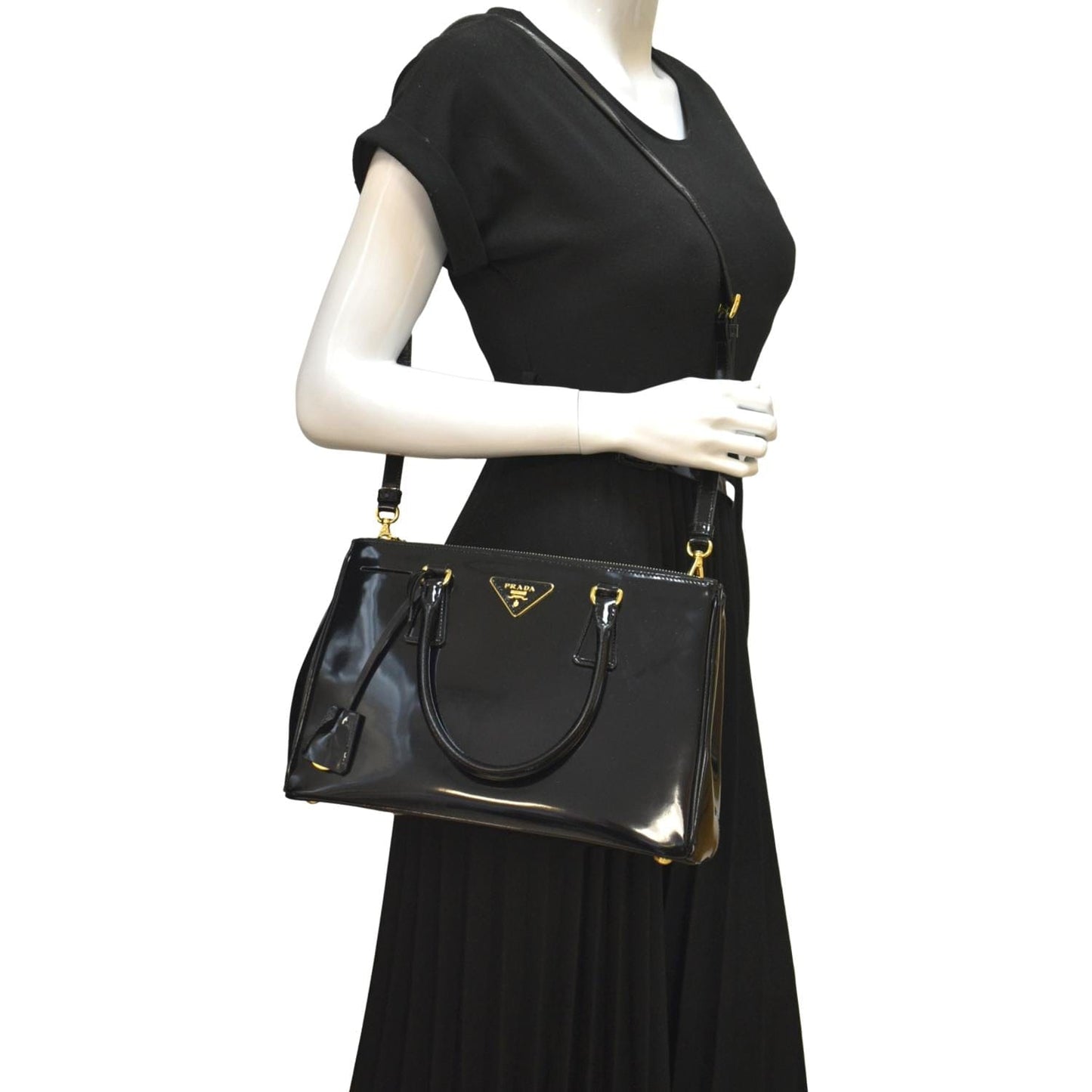 Double Zip Patent Shoulder Bag Leather Black