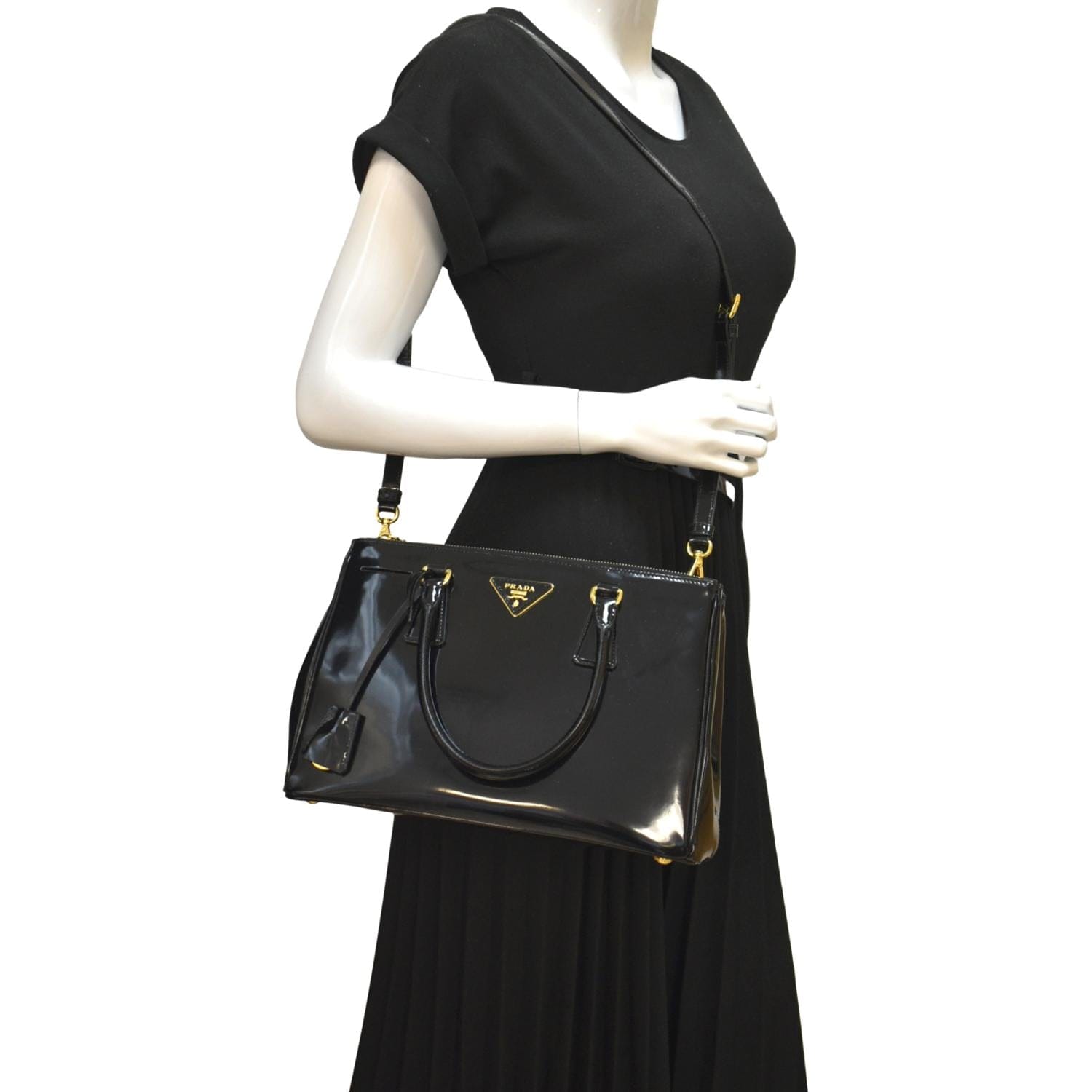 Double Zip Patent Shoulder Bag Leather Black