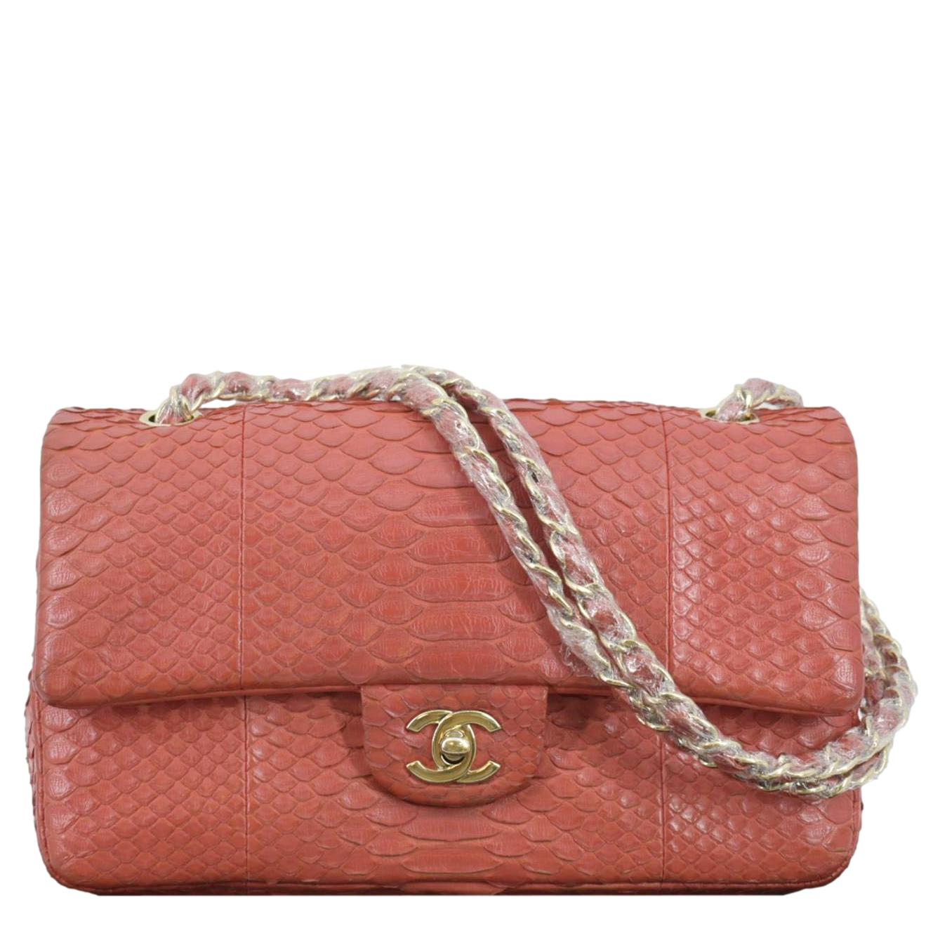 Chanel Classic Double Flap Python Leather Red Travel Bag