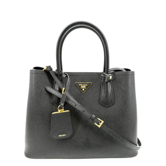 Double Zip Saffiano Shoulder Tote Bag Leather Black Shoulder Bag