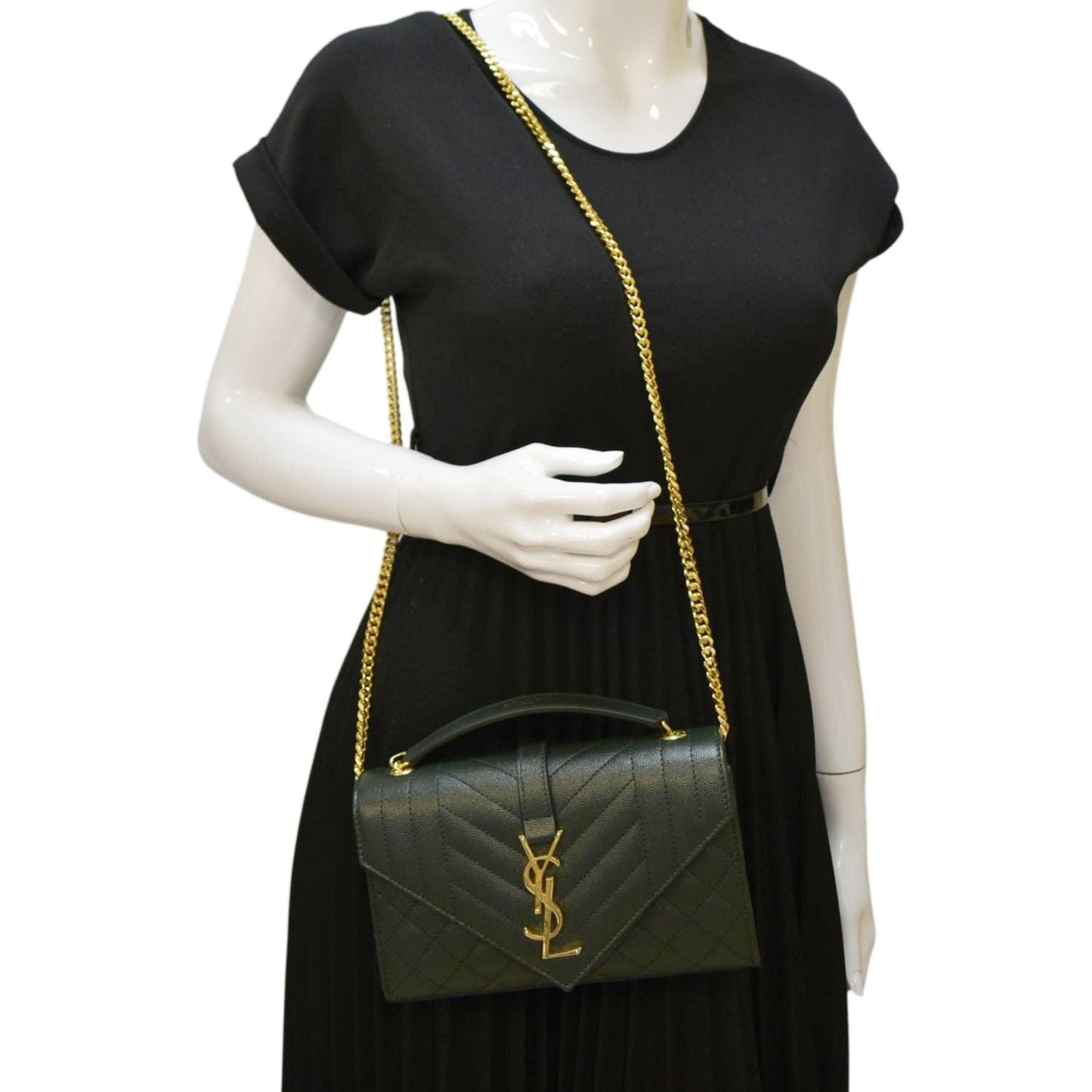 YSL Saint Laurent Yves Envelope Matelass Shoulder Bag Leather Green Small