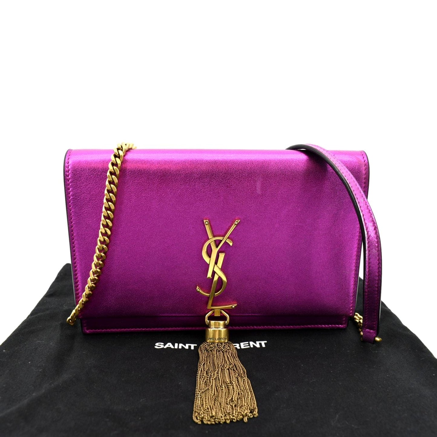 YSL Saint Laurent Yves Kate Tassel Wallet On Bag Metallic Leather Purple Chain Crossbody Bag