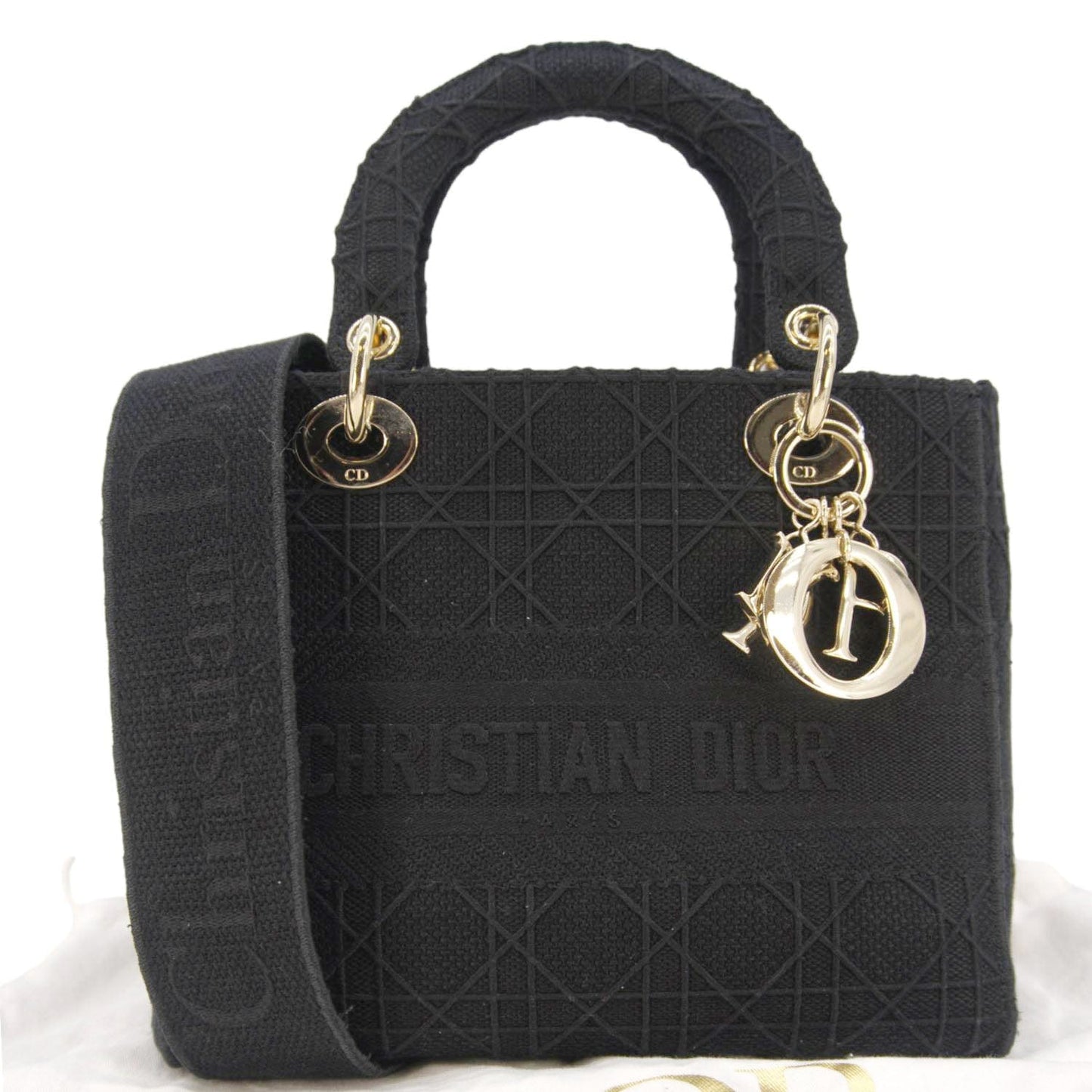 Dior Lady Lite Shoulder Bag Canvas Black Embroidered