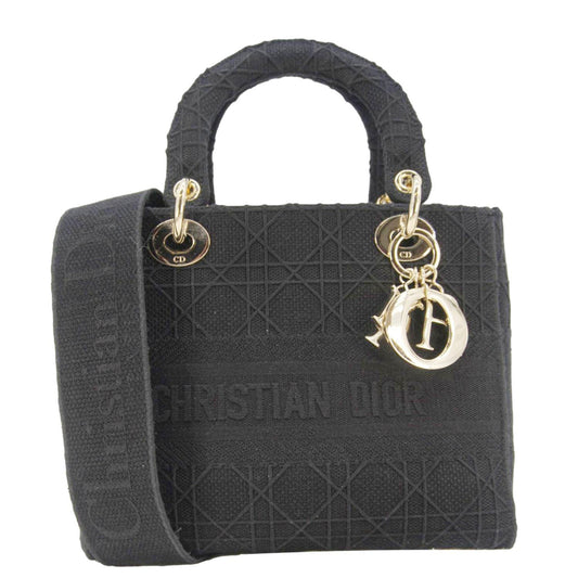Dior Lady Lite Shoulder Bag Canvas Black Embroidered