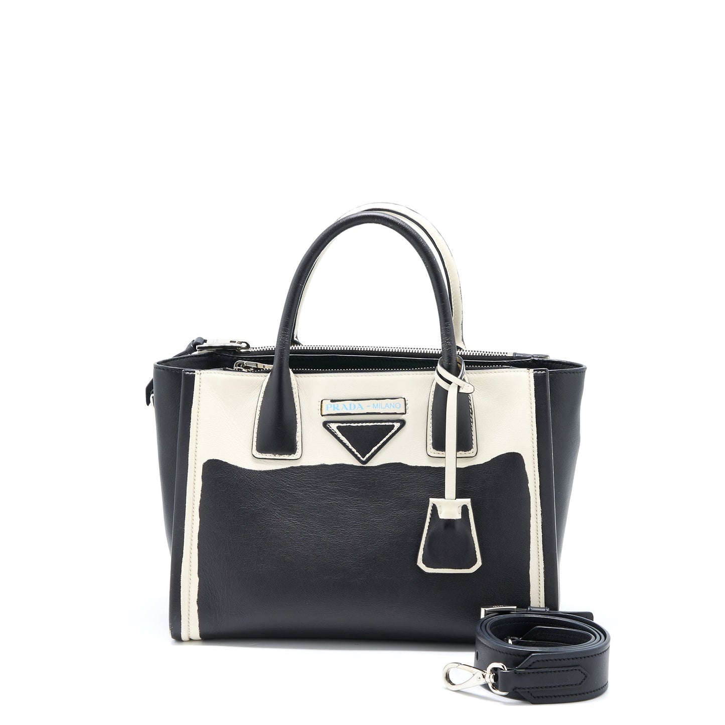 Prada Double Zip Tote Purse Calfskin Handbag Black White Tote Bag