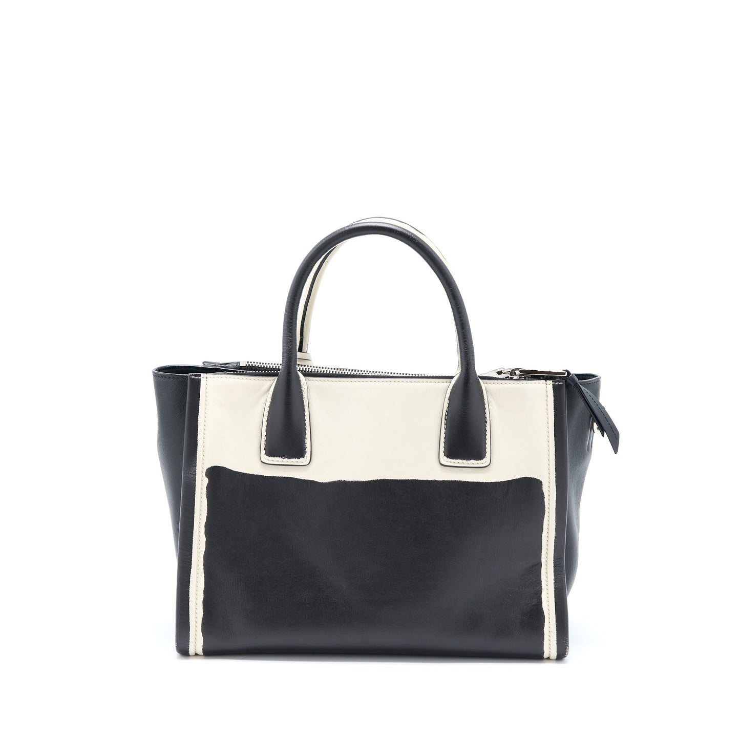 Prada Double Zip Tote Purse Calfskin Handbag Black White Tote Bag