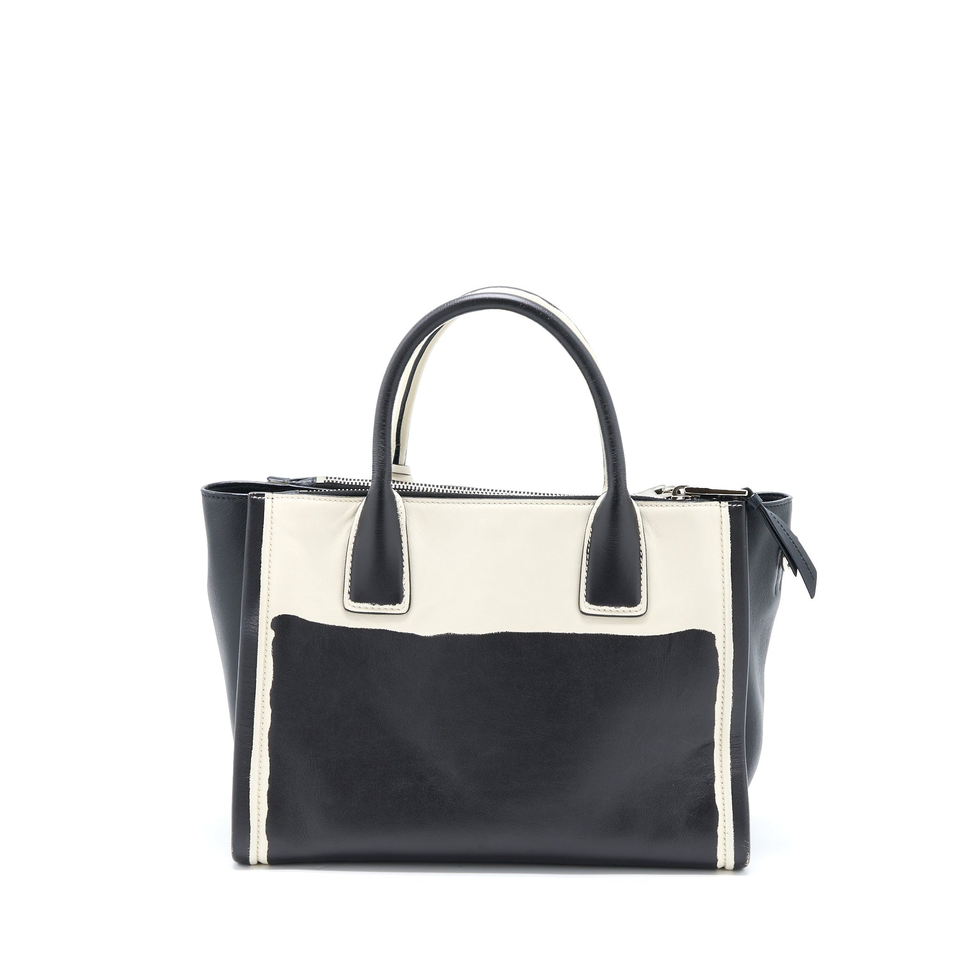 Prada Double Zip Tote Purse Calfskin Handbag Black White Tote Bag