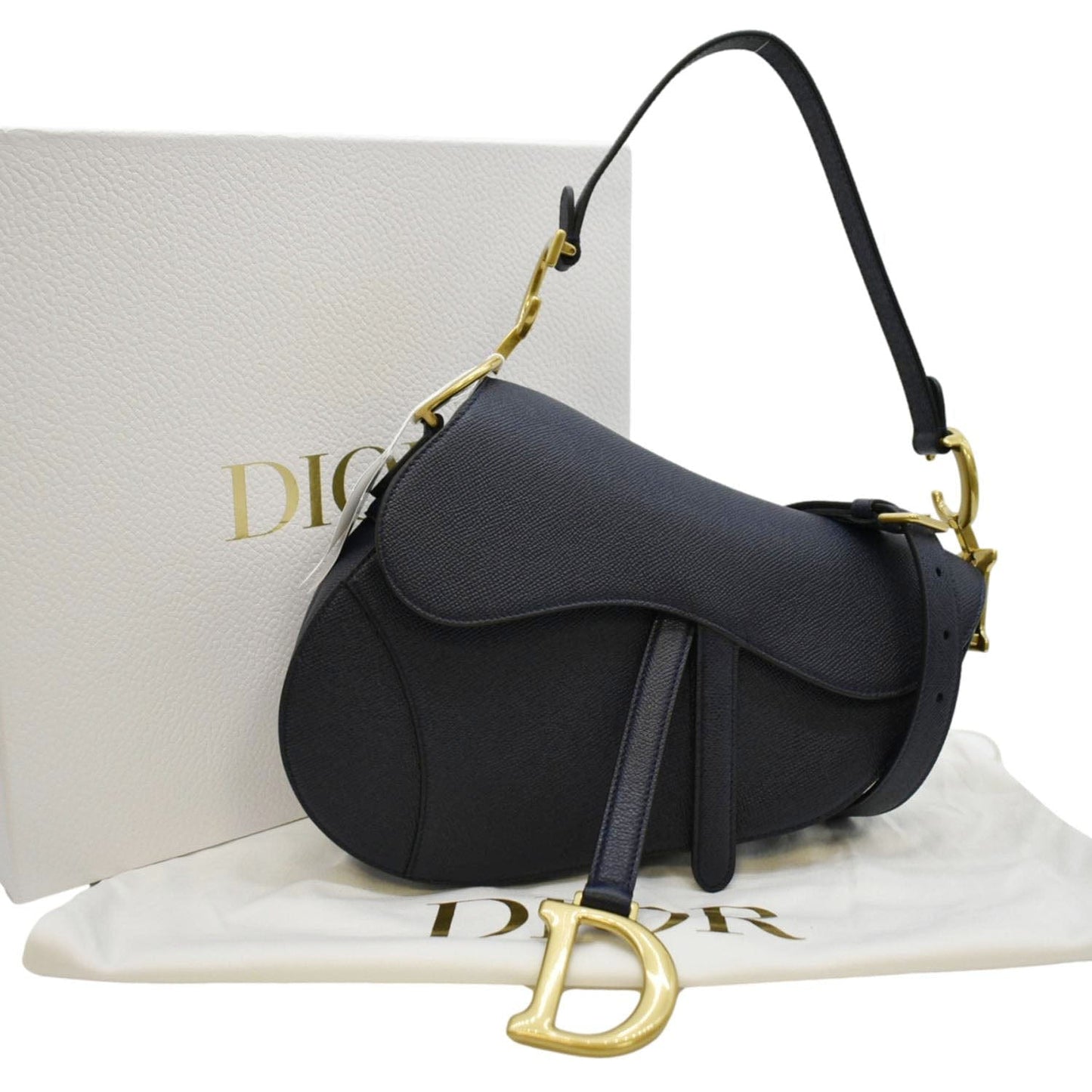 Dior Saddle Grained Calfskin Satchel Shoulder Bag Navy Leather Blue