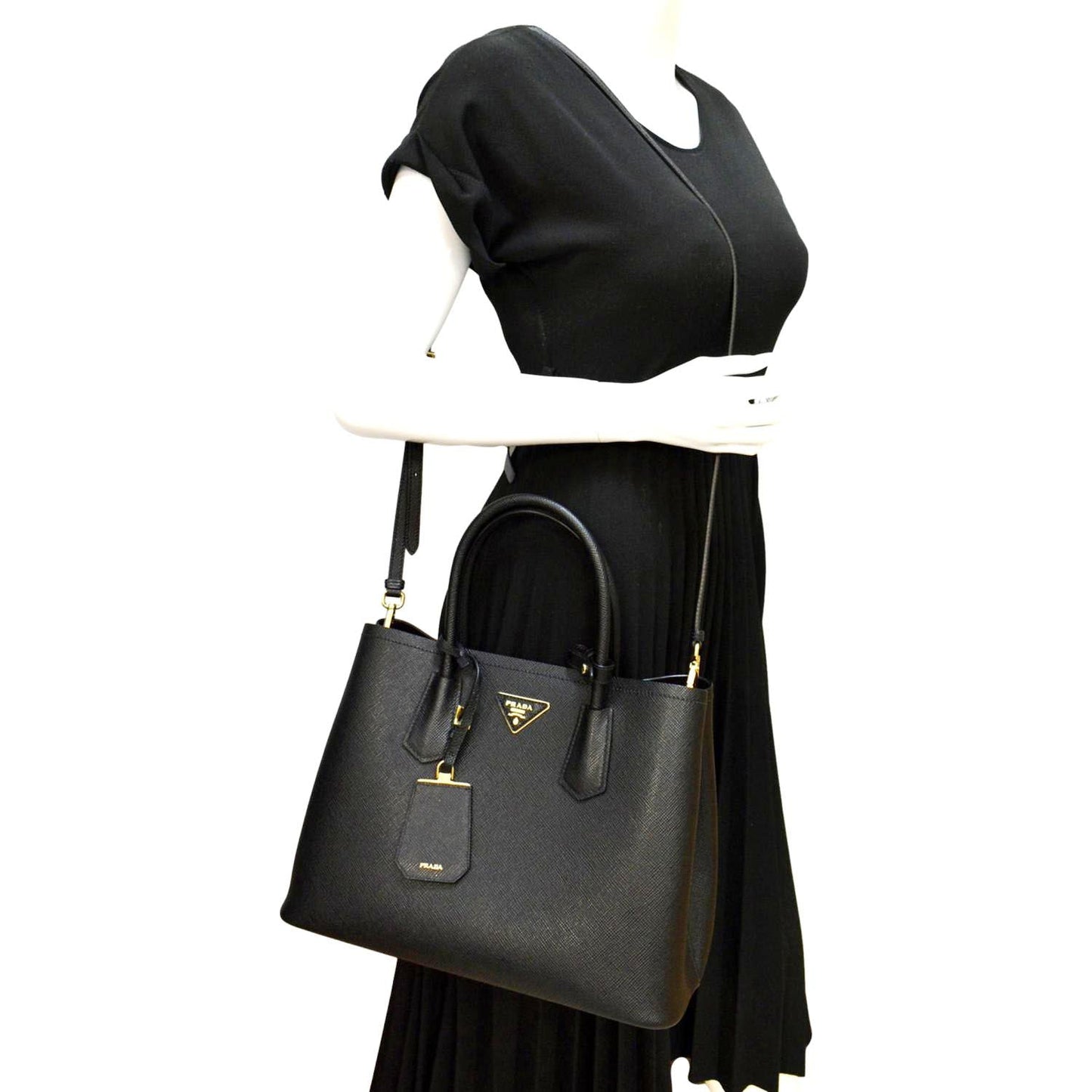 Prada Double Shoulder Tote Bag Leather Saffiano Black Shoulder Bag
