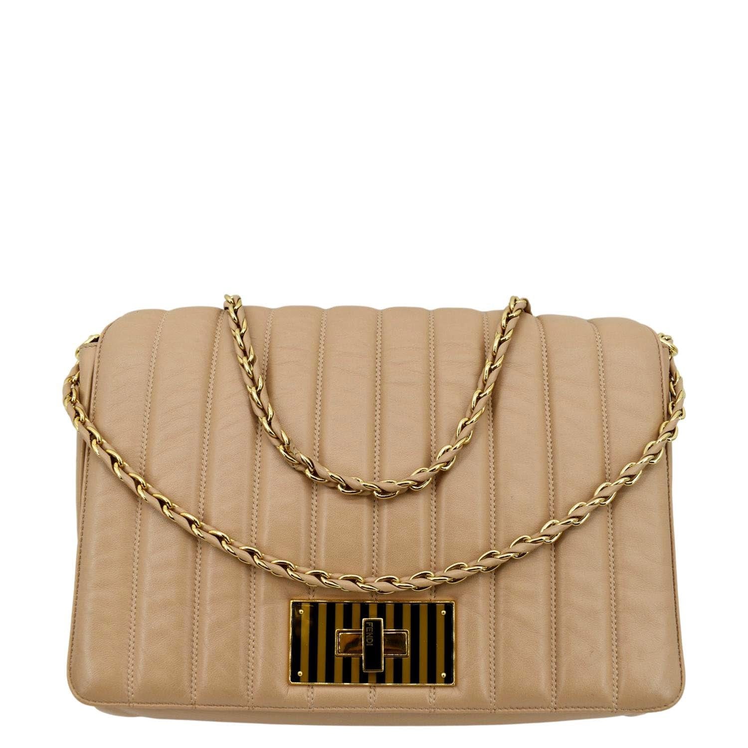 Fendi Claudia Pequin Crossbody Bag Leather Beige Embossed