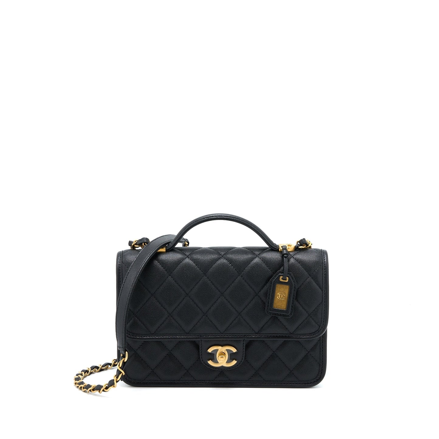Chanel 22K Top Handle Messenger Caviar Brushed Black Messenger Bag Ghw Microchip