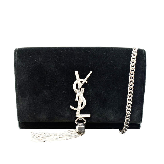 YSL Saint Laurent Saint Crystal Kate Tassel Velvet Crossbody Bag Green Medium
