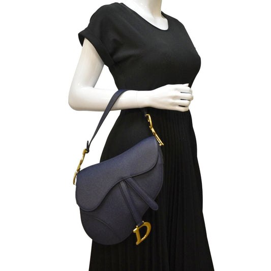 Dior Saddle Grained Calfskin Satchel Shoulder Bag Leather Blue Navy Satchel Bag