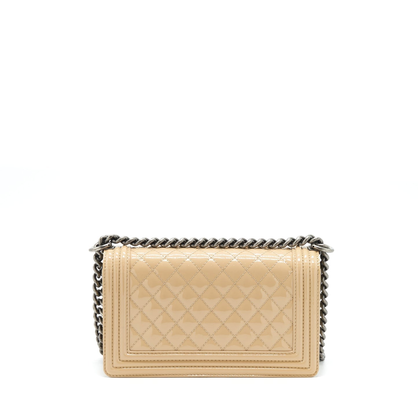 Chanel Boy Patent Light Ruthenium Sliver Hardware Beige Handbag
