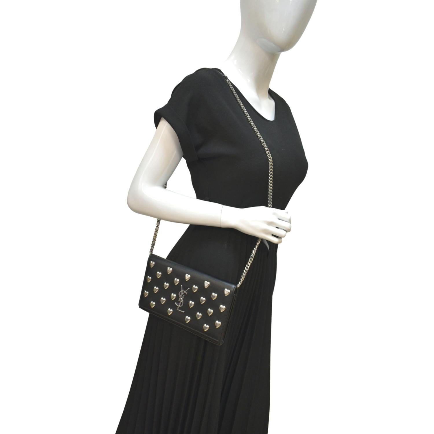 YSL Saint Laurent Yves Kate Heart Studded Shoulder Bag Leather Black