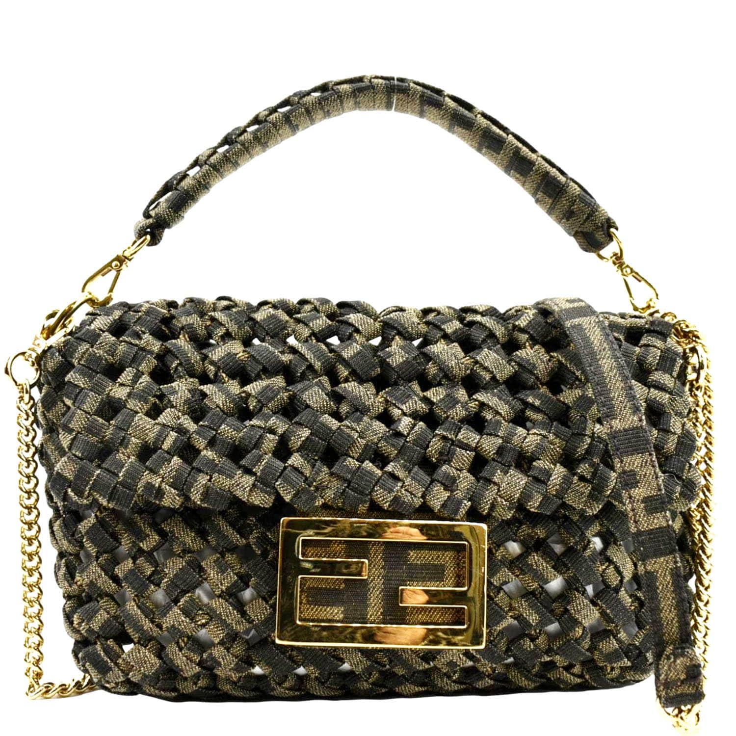 Fendi Baguette Jacquard Fabric Shoulder Bag Brown Mini Woven