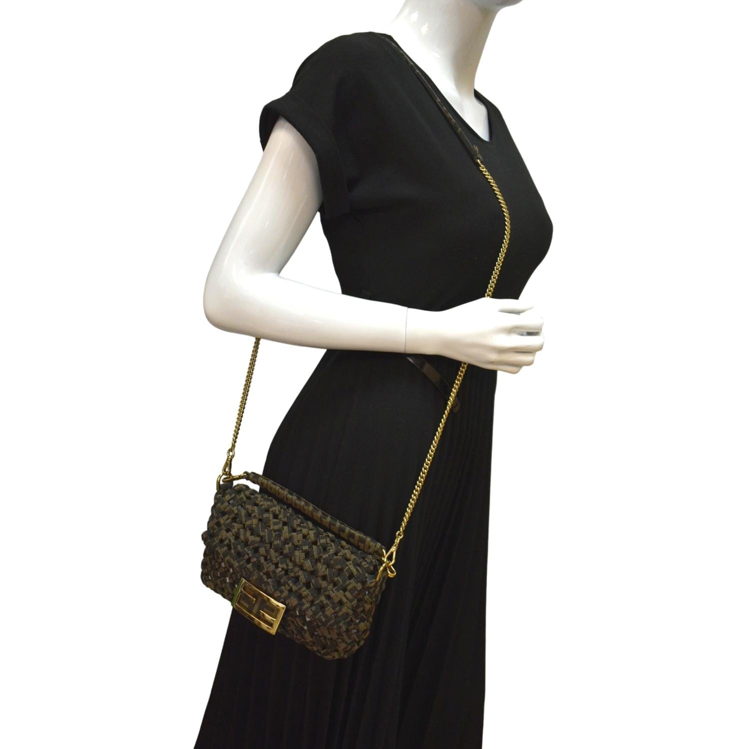 Fendi Baguette Jacquard Fabric Shoulder Bag Brown Mini Woven