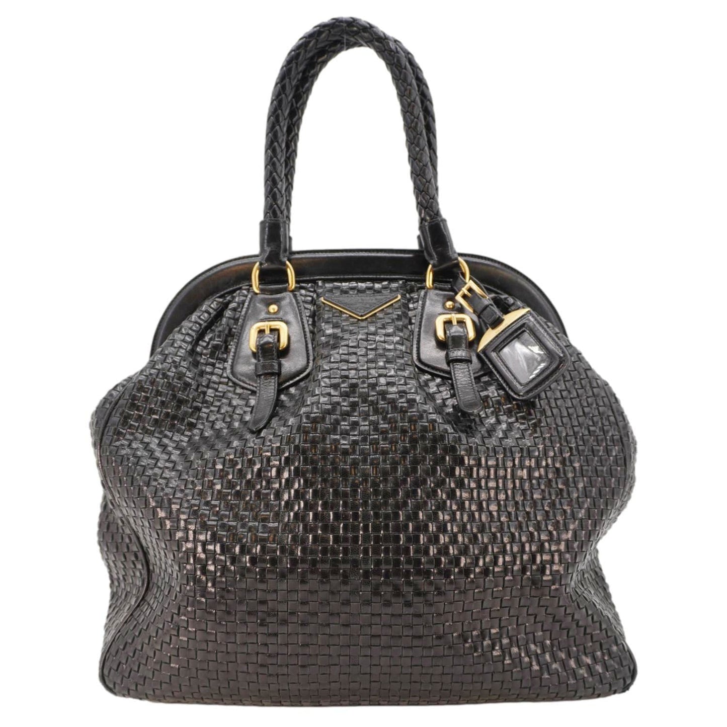 Prada Frame Madra Tote Bag Leather Black Woven