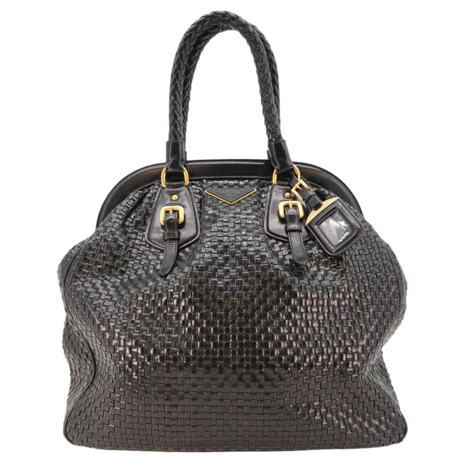 Prada Frame Madra Tote Bag Leather Black Woven