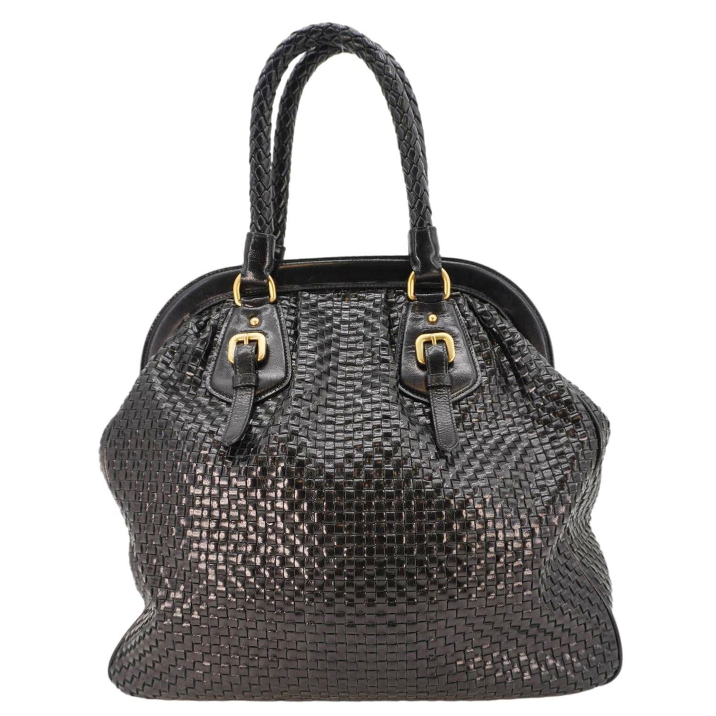 Prada Frame Madra Tote Bag Leather Black Woven