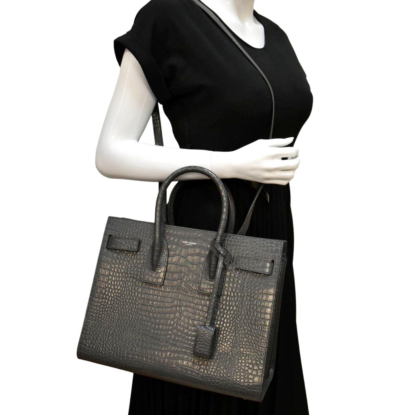 YSL Saint Laurent Yves Sac De Jour Crocodile Satchel Bag Grey Gray Embossed