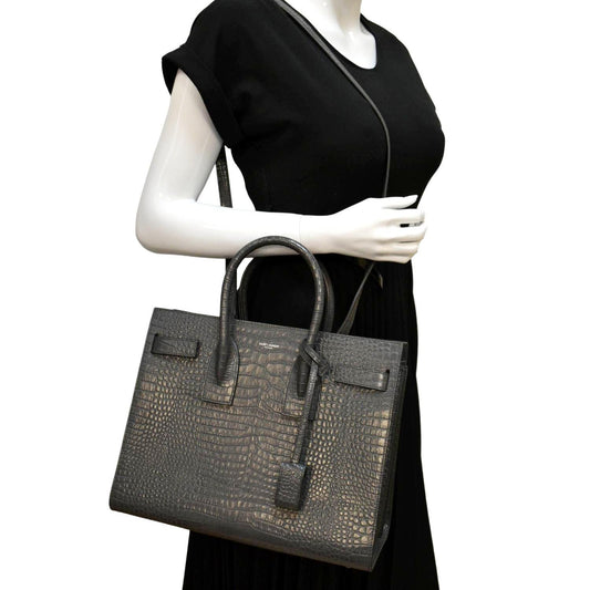 YSL Saint Laurent Yves Sac De Jour Crocodile Satchel Bag Grey Gray Embossed