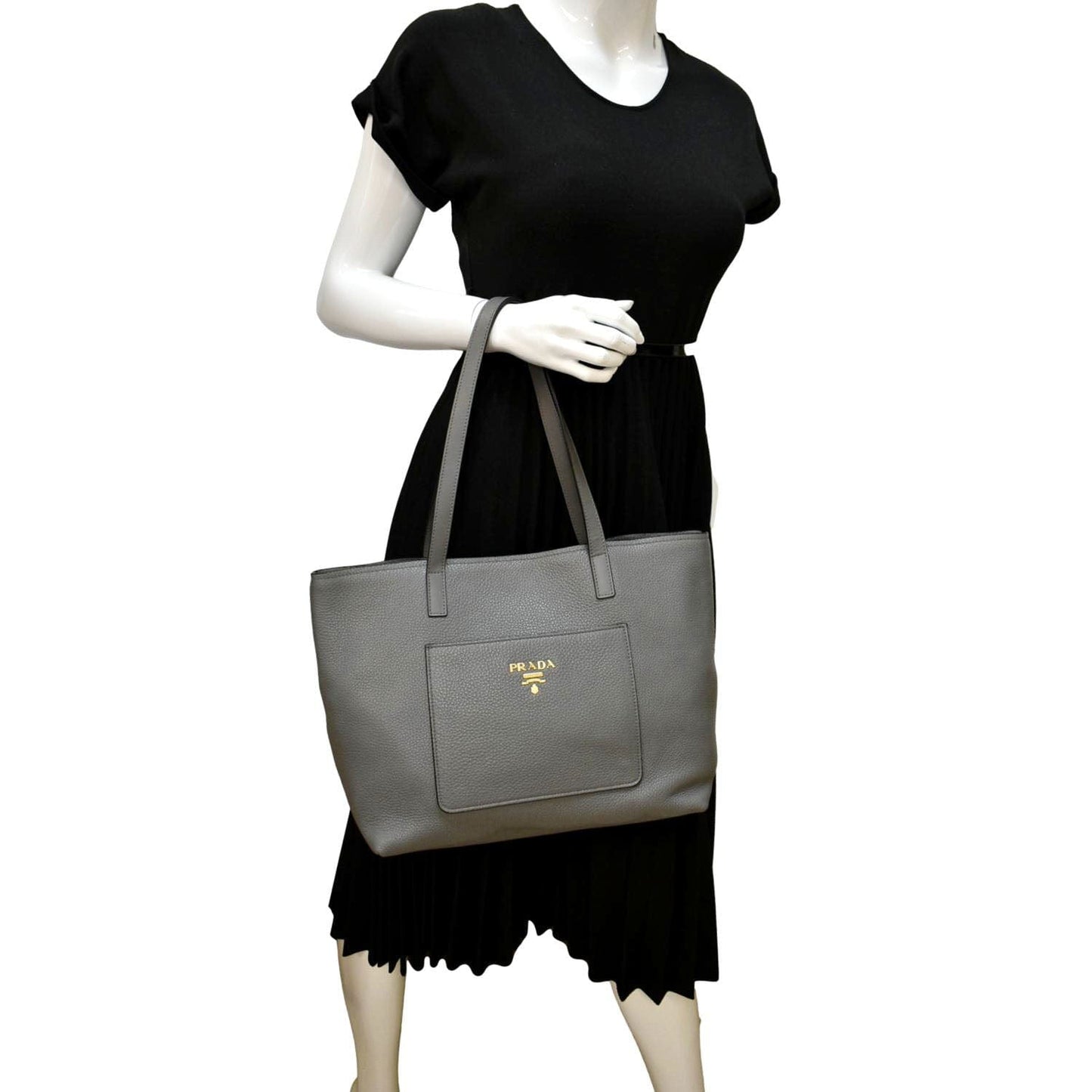 Prada Daino Tote Bag Dark Grey Leather Vitello Gray